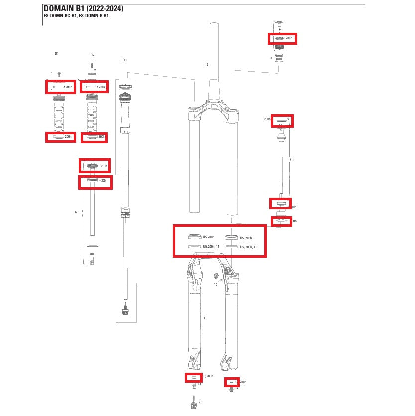 200 u/jaar Onderhoudsset voor ROCKSHOX Domain R/RC B1 Vork 2022-2024