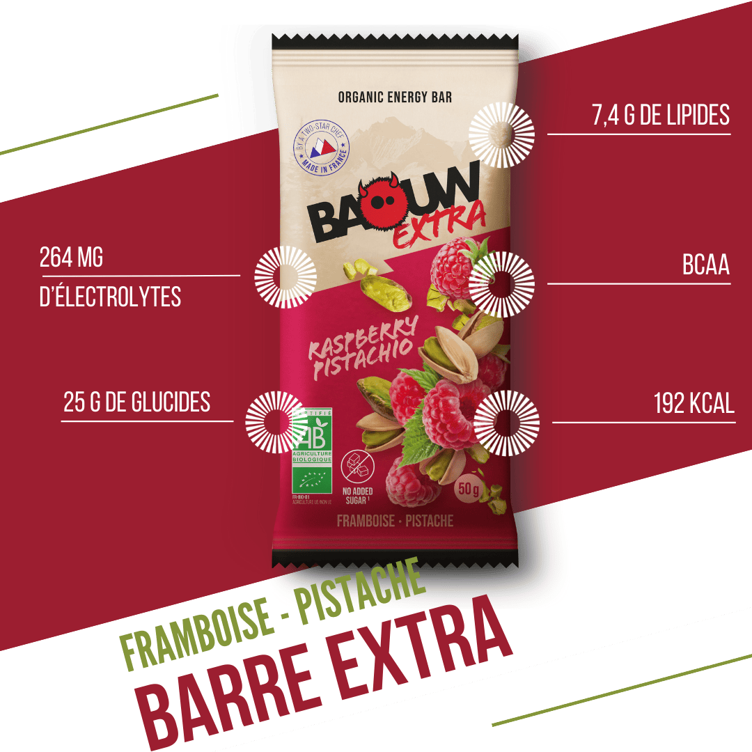 Barre Énergétique BAOUW BIO EXTRA Framboise-Pistache (50g)