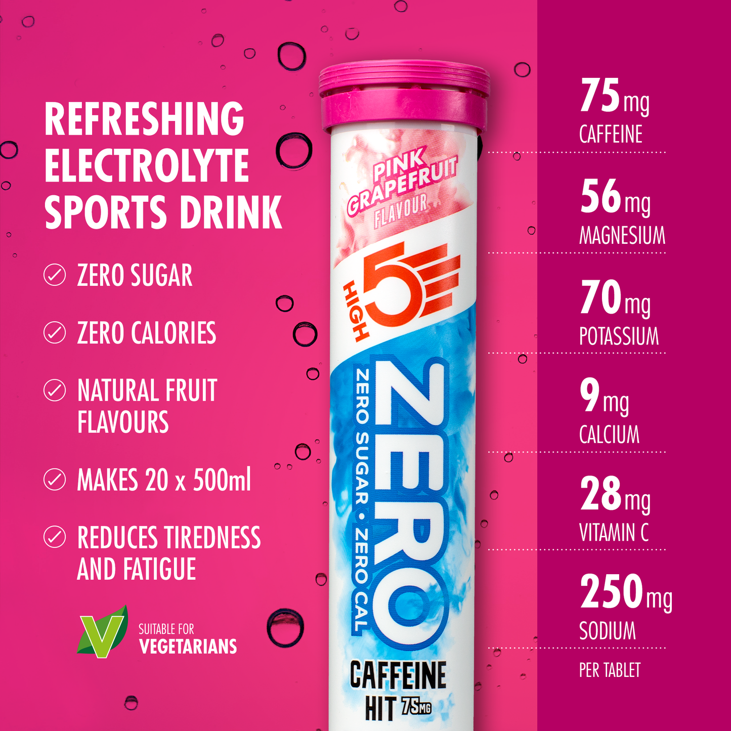 HIGH5 ZERO Hydratation Electrolyte avec Caffeine (20 Pastilles) Pamplemousse Rose