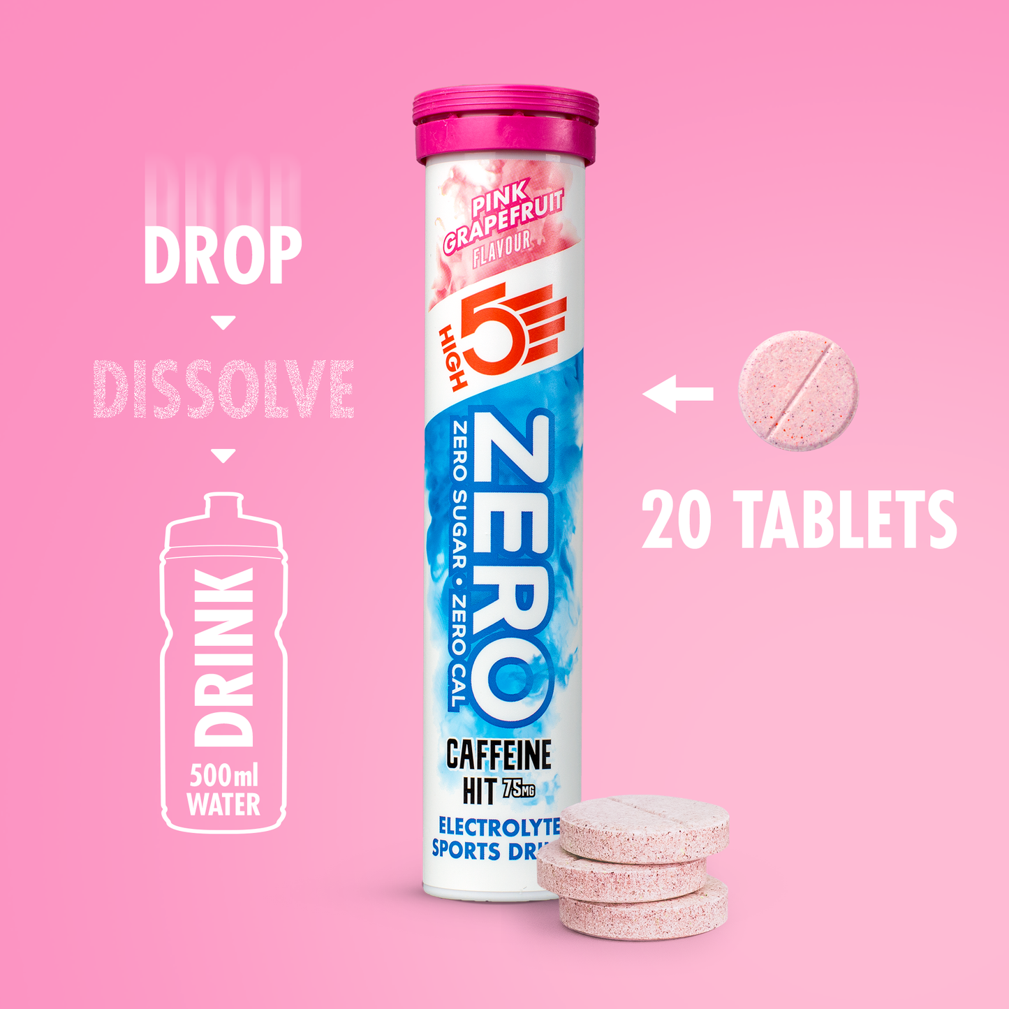 HIGH5 ZERO Hydratation Electrolyte avec Caffeine (20 Pastilles) Pamplemousse Rose