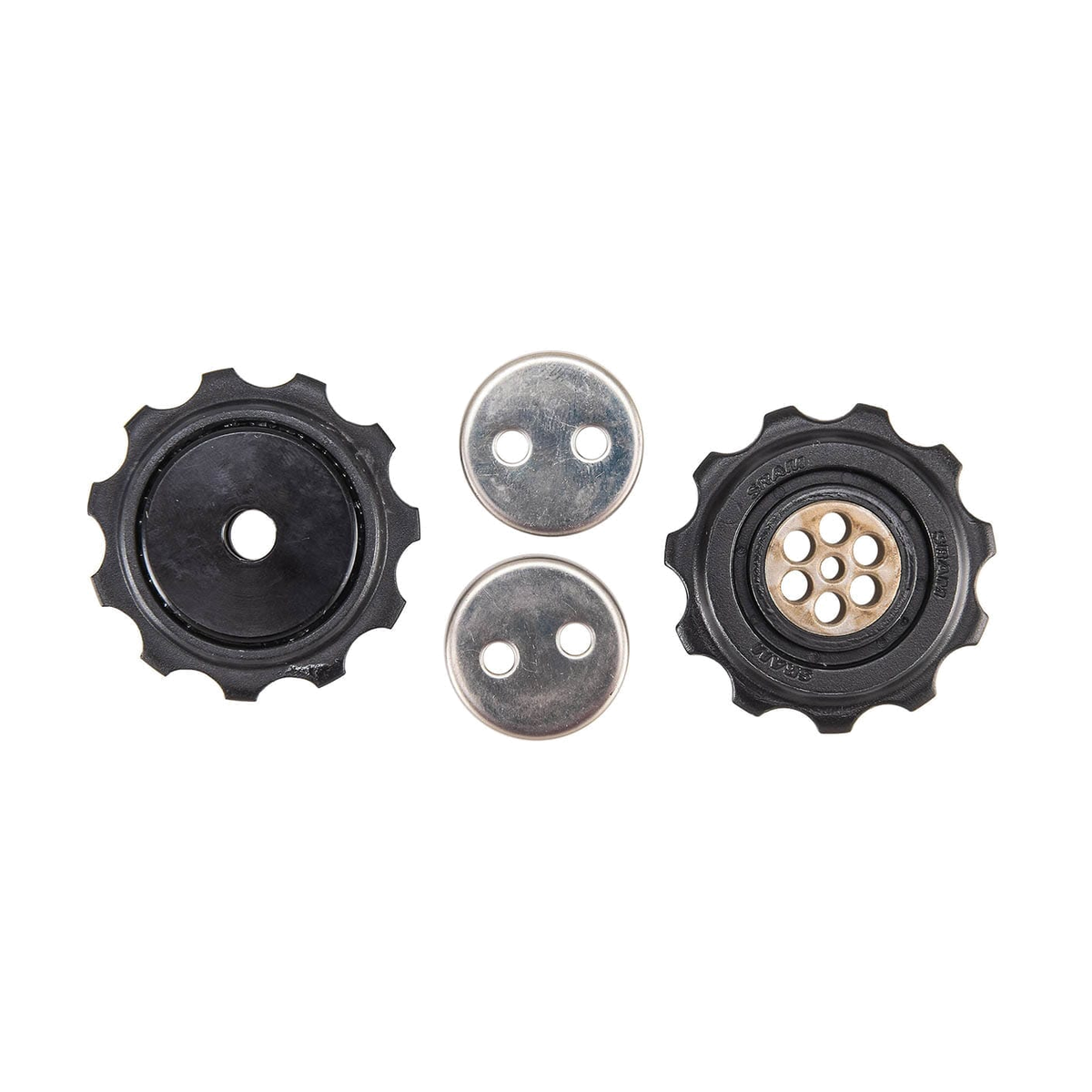 9-speed derailleurwieltjes voor SRAM X9 achterderailleur met middellange / lange kooi, 2005-2007 (2 stuks) — onderdeel op witte achtergrond
