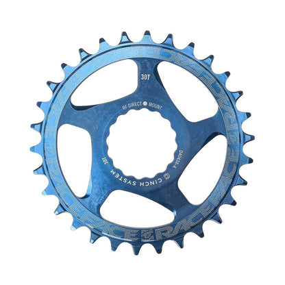 Enkel kettingblad RACE FACE NARROW WIDE 9/10/11/12-speed Cinch Direct Mount blauw — kettingblad tegen een witte achtergrond