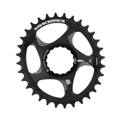 Ovaal enkel kettingblad RACE FACE NARROW WIDE 10/11/12-speed Cinch Direct Mount zwart — kettingblad tegen een witte achtergrond