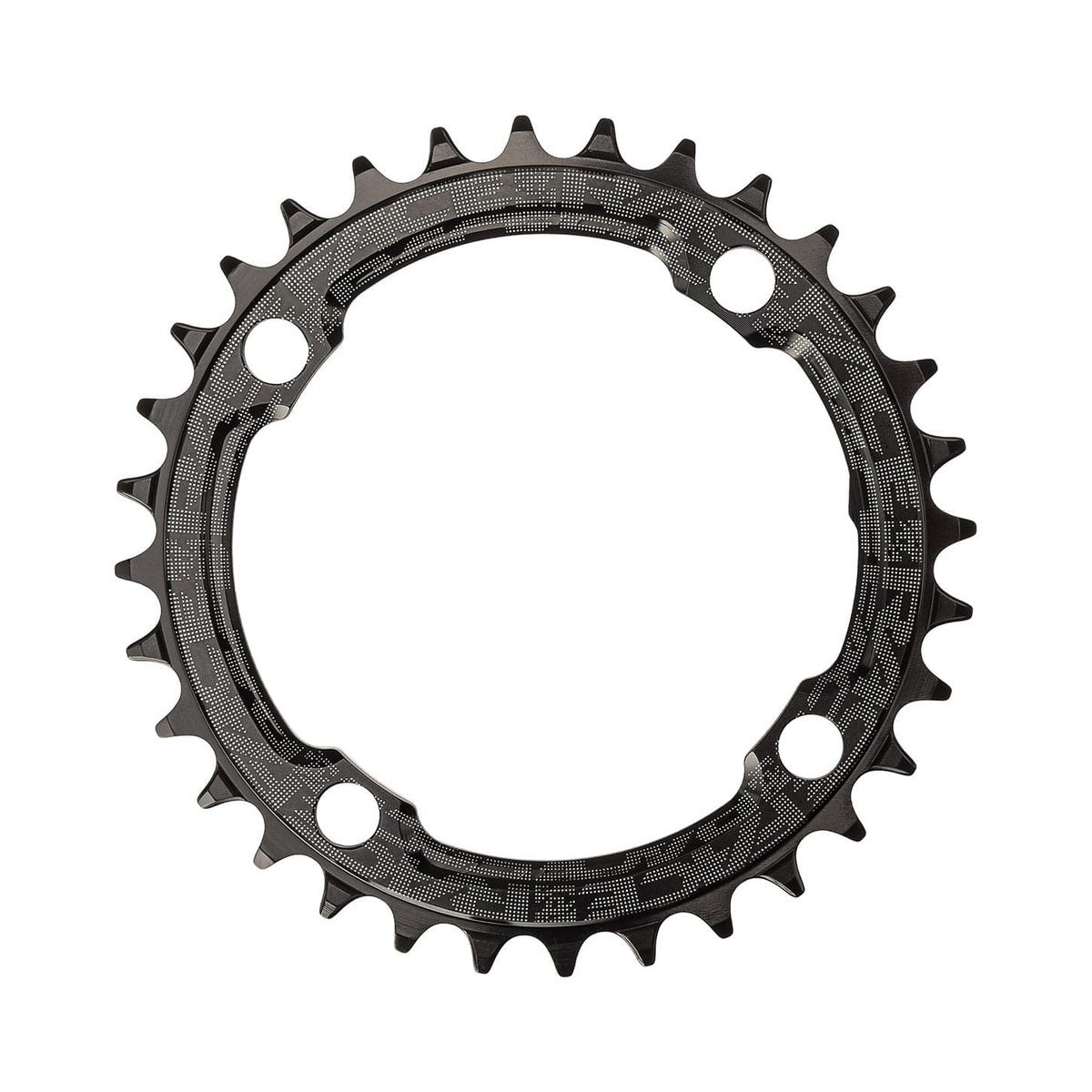 Enkel kettingblad RACE FACE NARROW WIDE 9/10/11/12-speed 4-gaats 104 mm zwart — kettingblad tegen een witte achtergrond