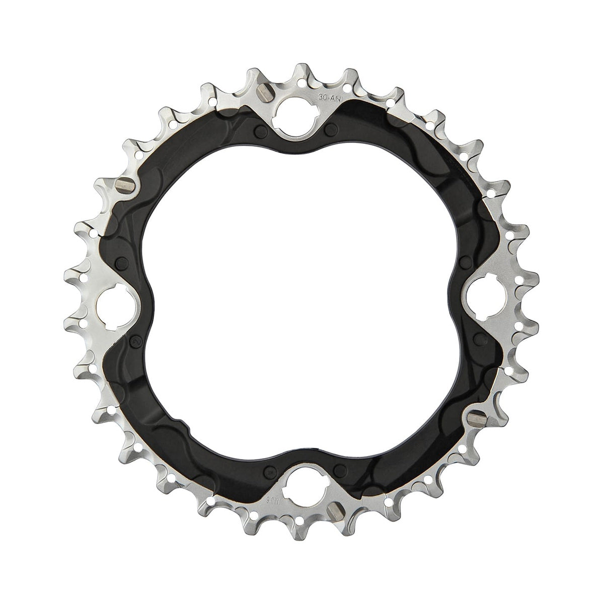 SHIMANO SLX M672/XT M782 middenblad 10-speed, 4-gats, 96 mm — kettingblad tegen witte achtergrond