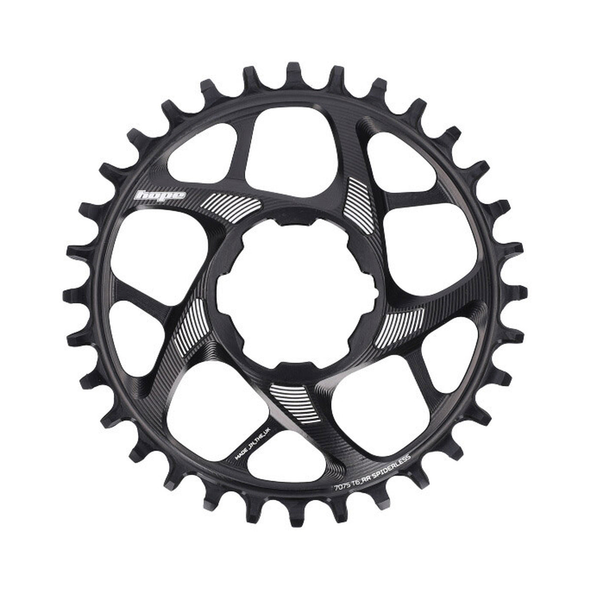 Zwart HOPE R22 enkel kettingblad 9/10/11/12-speed, direct mount — kettingblad tegen witte achtergrond