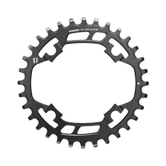 Zwart SRAM X-SYNC enkel kettingblad 11-speed, 4-gats, 94 mm, staal — kettingblad tegen witte achtergrond