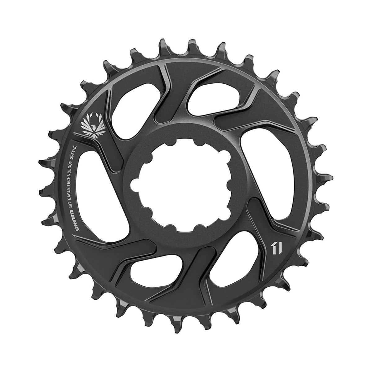 Zwart SRAM EAGLE X-SYNC 2 enkel kettingblad 12-speed, direct mount, 6 mm offset, aluminium — kettingblad tegen witte achtergrond