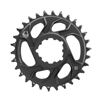 Zwart SRAM EAGLE X-SYNC 2 enkel kettingblad 12-speed, direct mount, 6 mm offset, aluminium — kettingblad tegen witte achtergrond