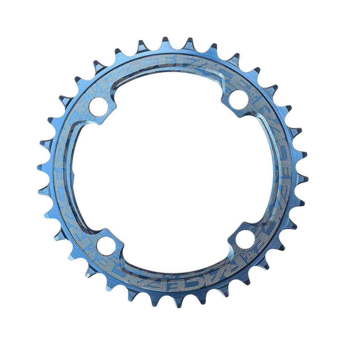 Blauw RACE FACE enkel kettingblad 9/10/11/12-speed, narrow-wide, 4-gats, 104 mm — kettingblad tegen witte achtergrond