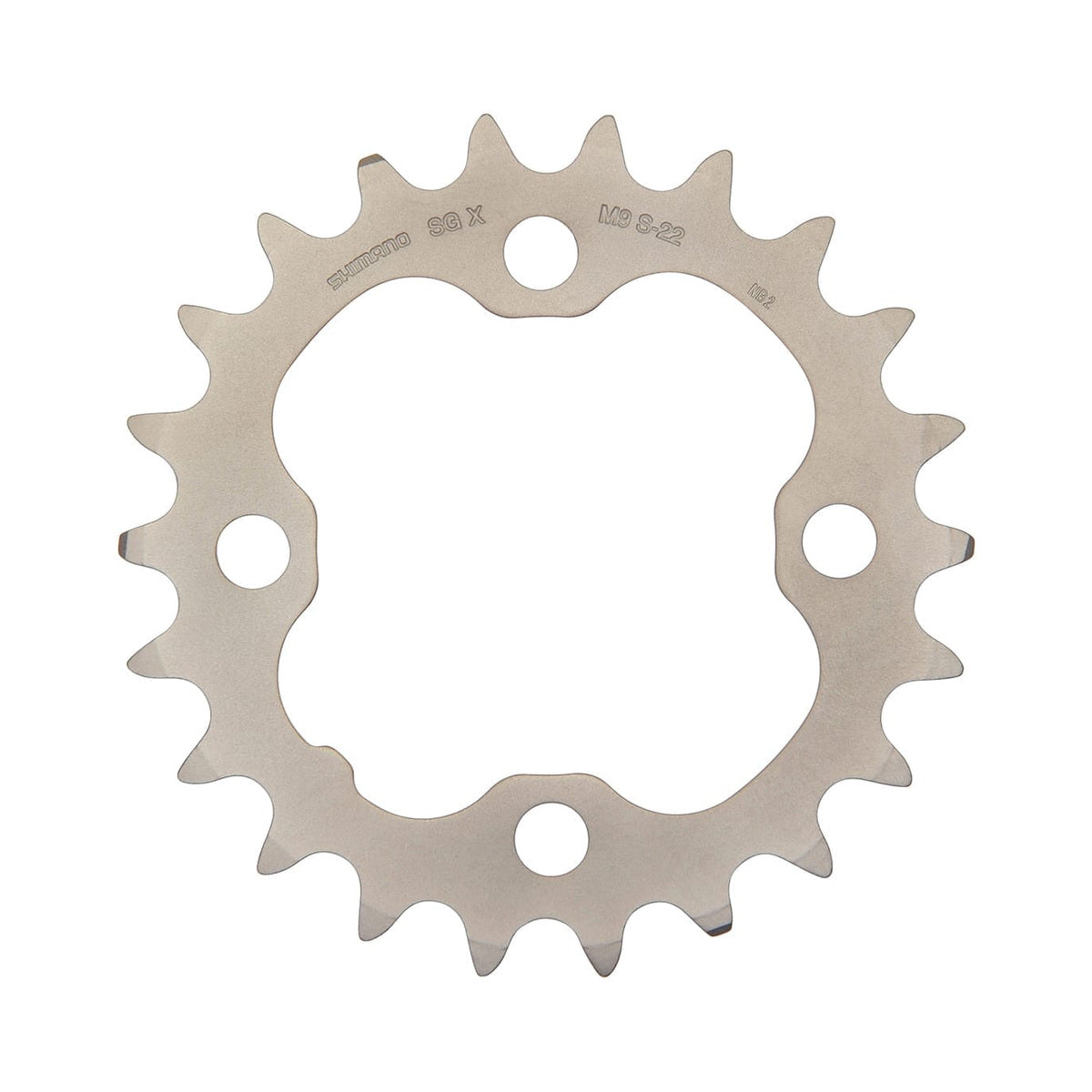 Zilverkleurig SHIMANO DEORE M590 binnenblad 9-speed, 4-gats, 64 mm — kettingblad tegen witte achtergrond