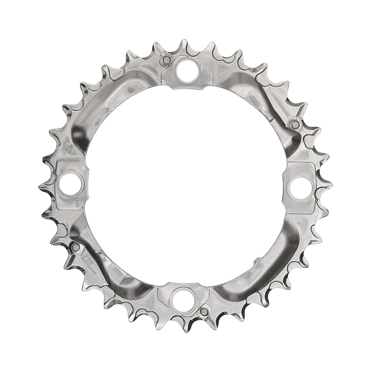Plateau Intermédiaire SHIMANO DEORE M530 9V 4 Trous 104mm Argent — vue du plateau sur fond blanc