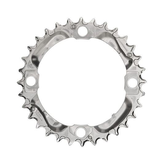 Plateau Intermédiaire SHIMANO DEORE M530 9V 4 Trous 104mm Argent — vue du plateau sur fond blanc