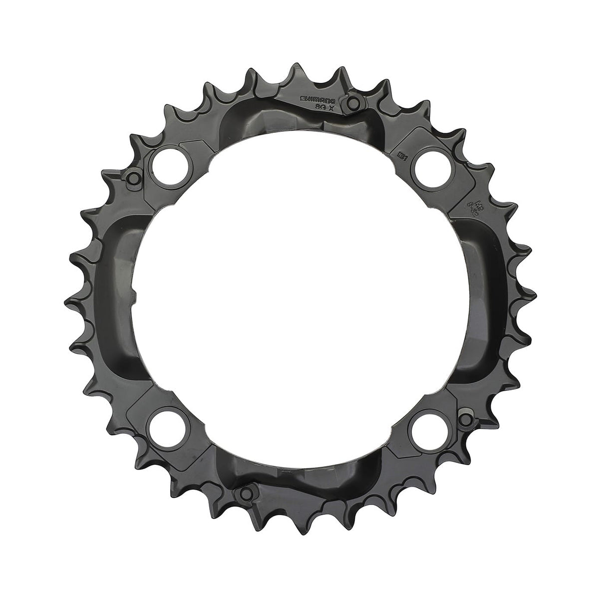 Zwart SHIMANO DEORE M590 middenblad 9-speed, 4-gats, 104 mm — kettingblad tegen witte achtergrond