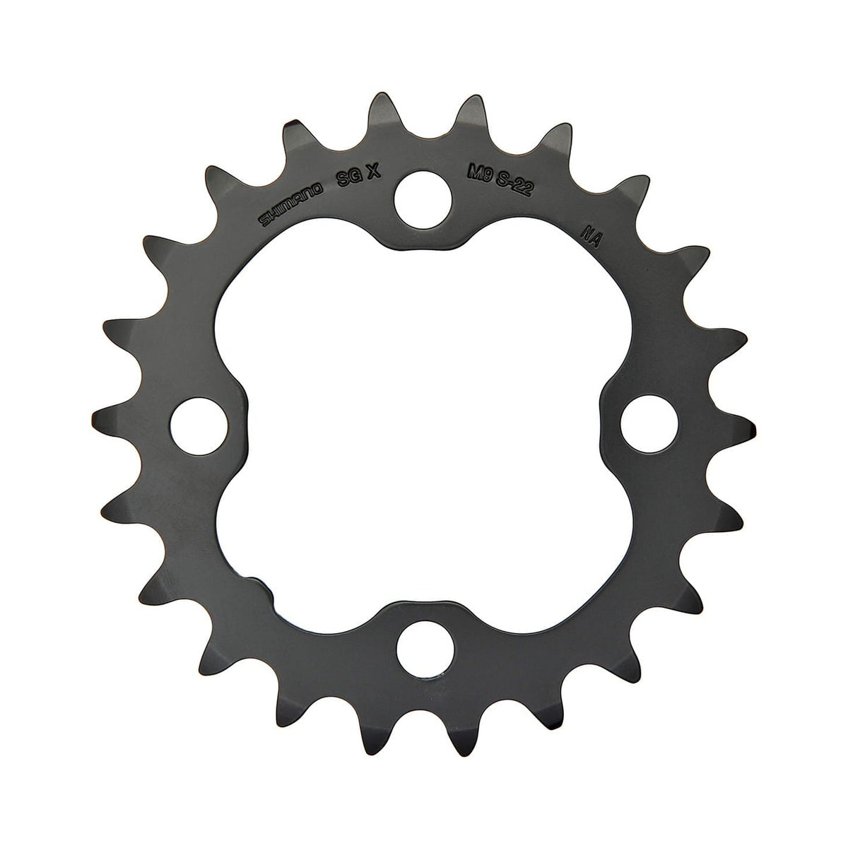 Zwart SHIMANO DEORE M590 binnenblad 9-speed, 4-gats, 64 mm — kettingblad tegen witte achtergrond