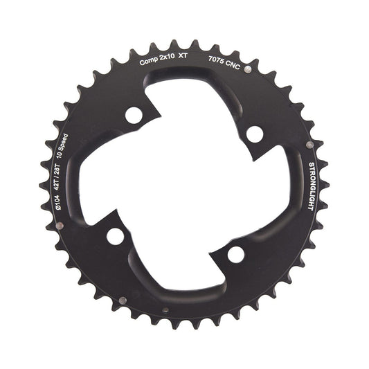 Buitenblad STRONGLIGHT SHIMANO XT M785 10 versnellingen 4 boutgaten 104 mm — kettingblad op witte achtergrond