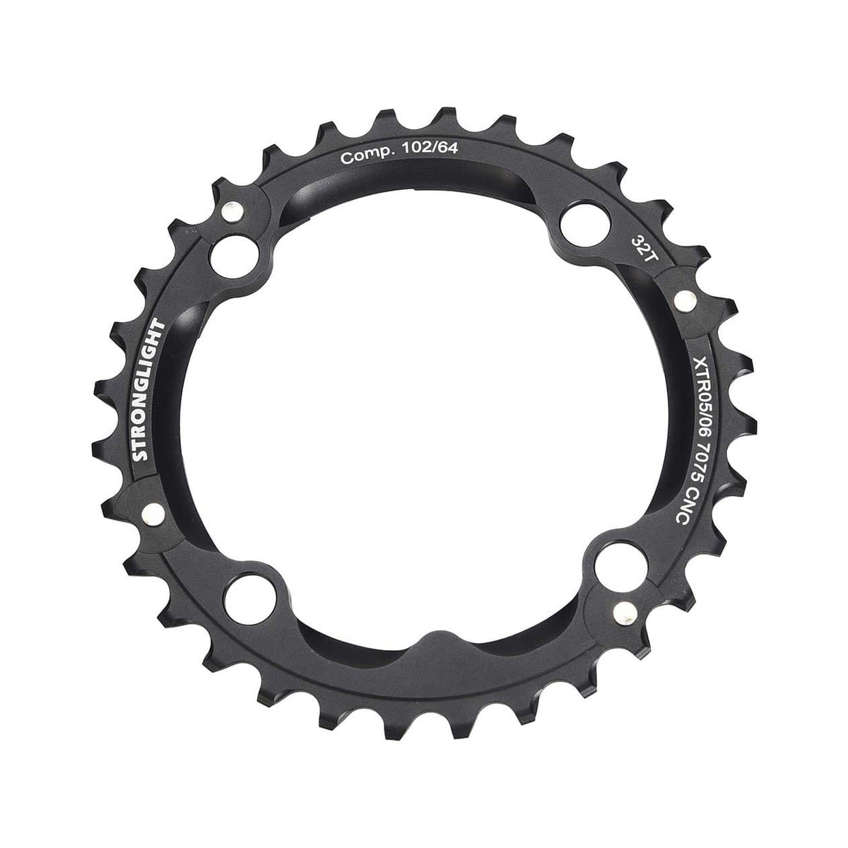 Middenblad STRONGLIGHT aluminium 7075 SHIMANO XTR M960 9 versnellingen 4 boutgaten 102 mm — kettingblad op witte achtergrond