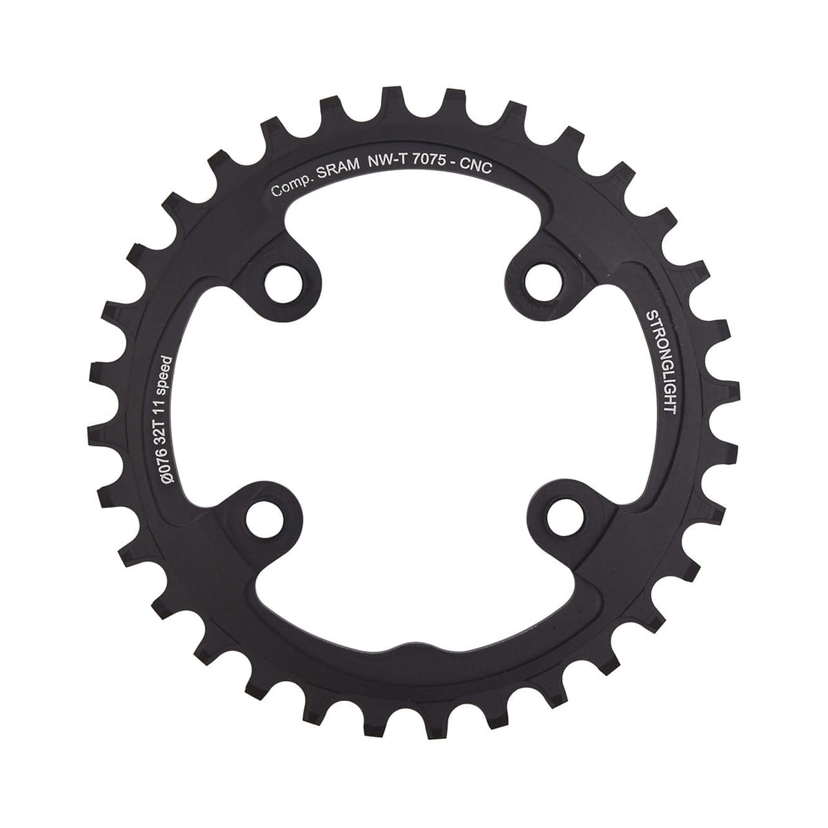 Enkel kettingblad STRONGLIGHT aluminium 7075 NARROW WIDE Sram XX1 11 versnellingen 4 boutgaten 76 mm — kettingblad op witte achtergrond