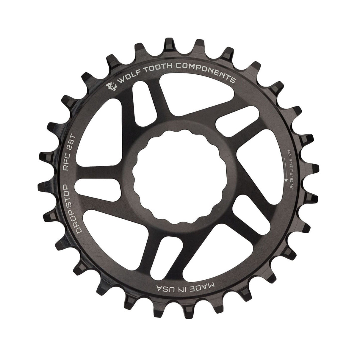 Enkel kettingblad WOLF TOOTH 9/10/11/12 versnellingen Raceface CINCH Direct Mount offset 6 mm zwart — kettingblad op witte achtergrond