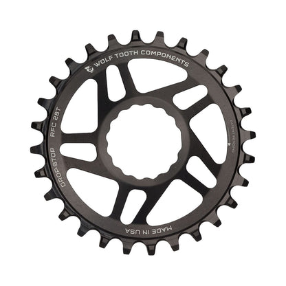Enkel kettingblad WOLF TOOTH 9/10/11/12 versnellingen Raceface CINCH Direct Mount offset 6 mm zwart — kettingblad op witte achtergrond