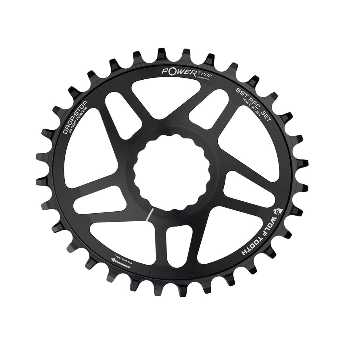 Ovaal enkel kettingblad WOLF TOOTH BOOST ELLIPTICAL 9/10/11/12 versnellingen Raceface CINCH Direct Mount offset 3 mm zwart — kettingblad op witte achtergrond