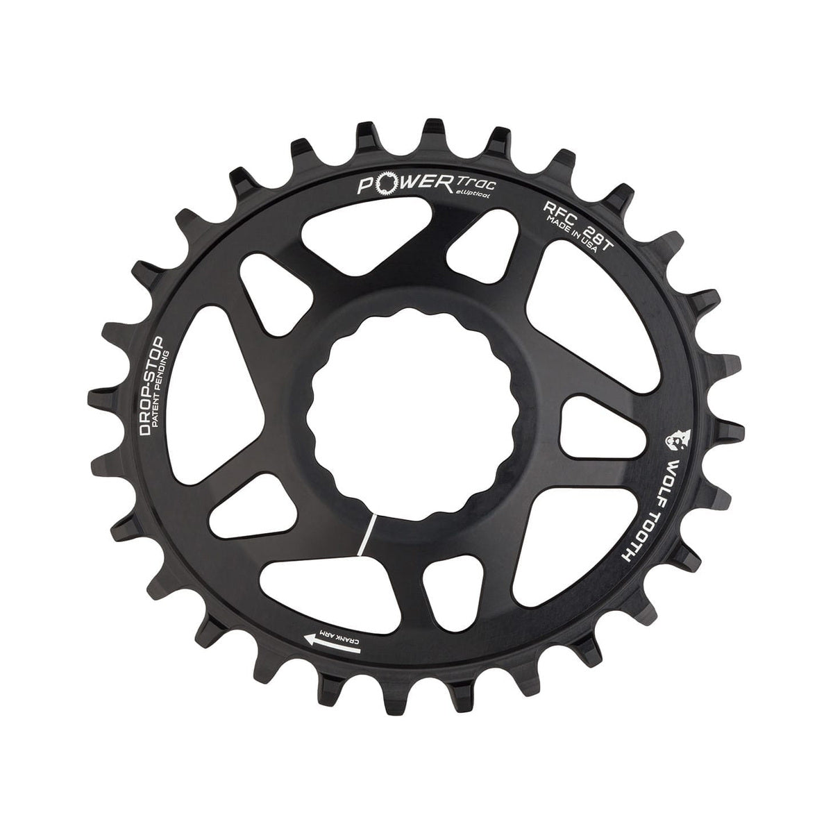 Ovaal enkel kettingblad WOLF TOOTH ELLIPTICAL 9/10/11/12 versnellingen Raceface CINCH Direct Mount offset 6 mm zwart — kettingblad op witte achtergrond