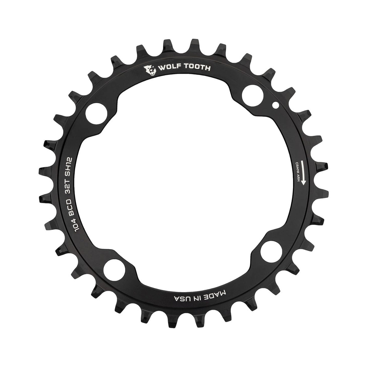 Enkel kettingblad WOLF TOOTH 104 BCD 12 versnellingen Shimano 4 boutgaten 104 mm zwart — kettingblad op witte achtergrond