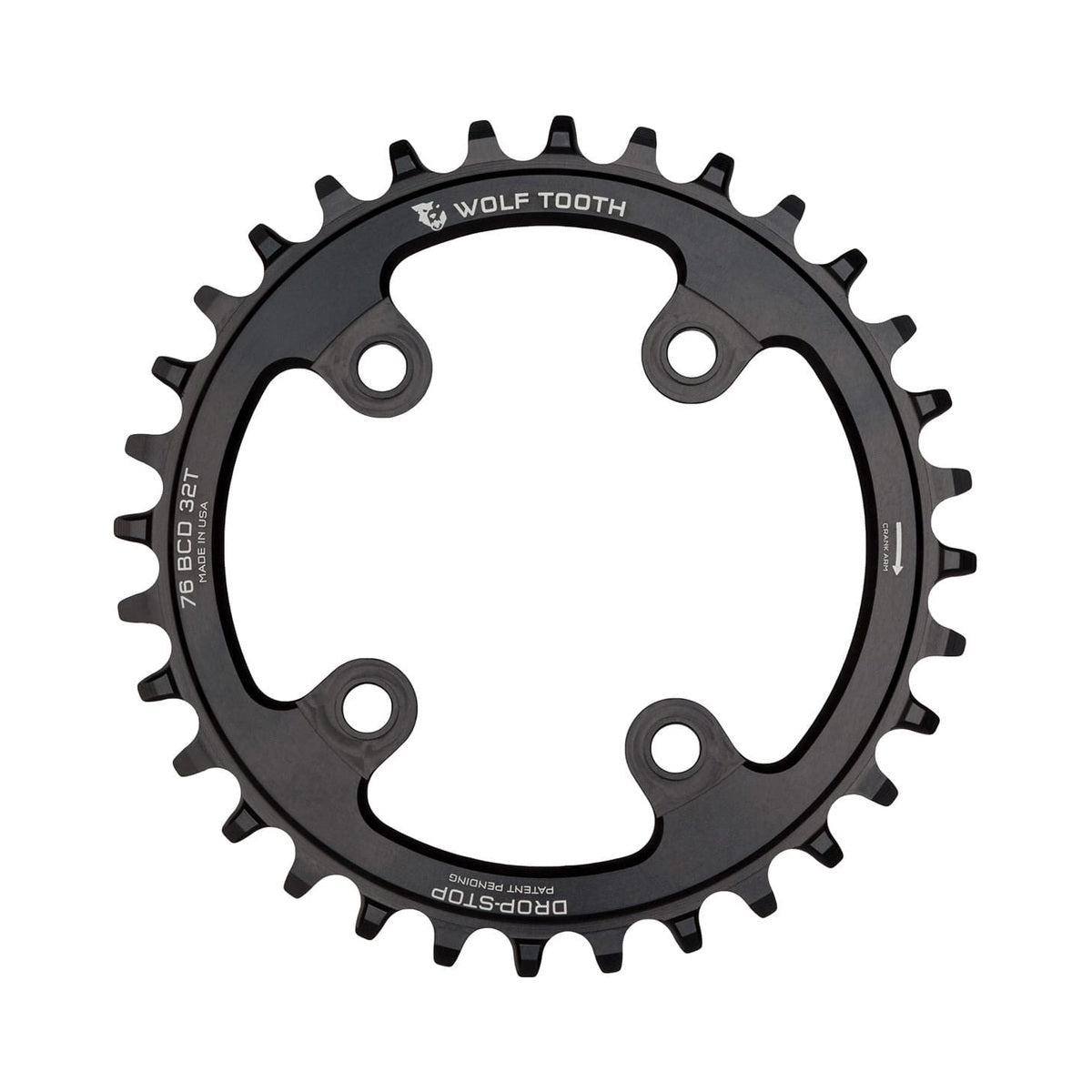 Enkel kettingblad WOLF TOOTH 76 BCD 10/11/12 versnellingen Sram XX1/Specialized STOUT 4 boutgaten 76 mm zwart — kettingblad op witte achtergrond