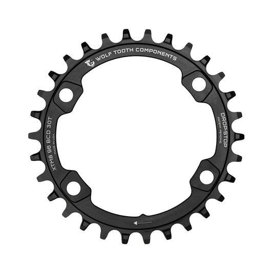Enkel kettingblad WOLF TOOTH 96 BCD 11 versnellingen Shimano XT M8000/SLX M7000 4 boutgaten 96 mm zwart — kettingblad op witte achtergrond