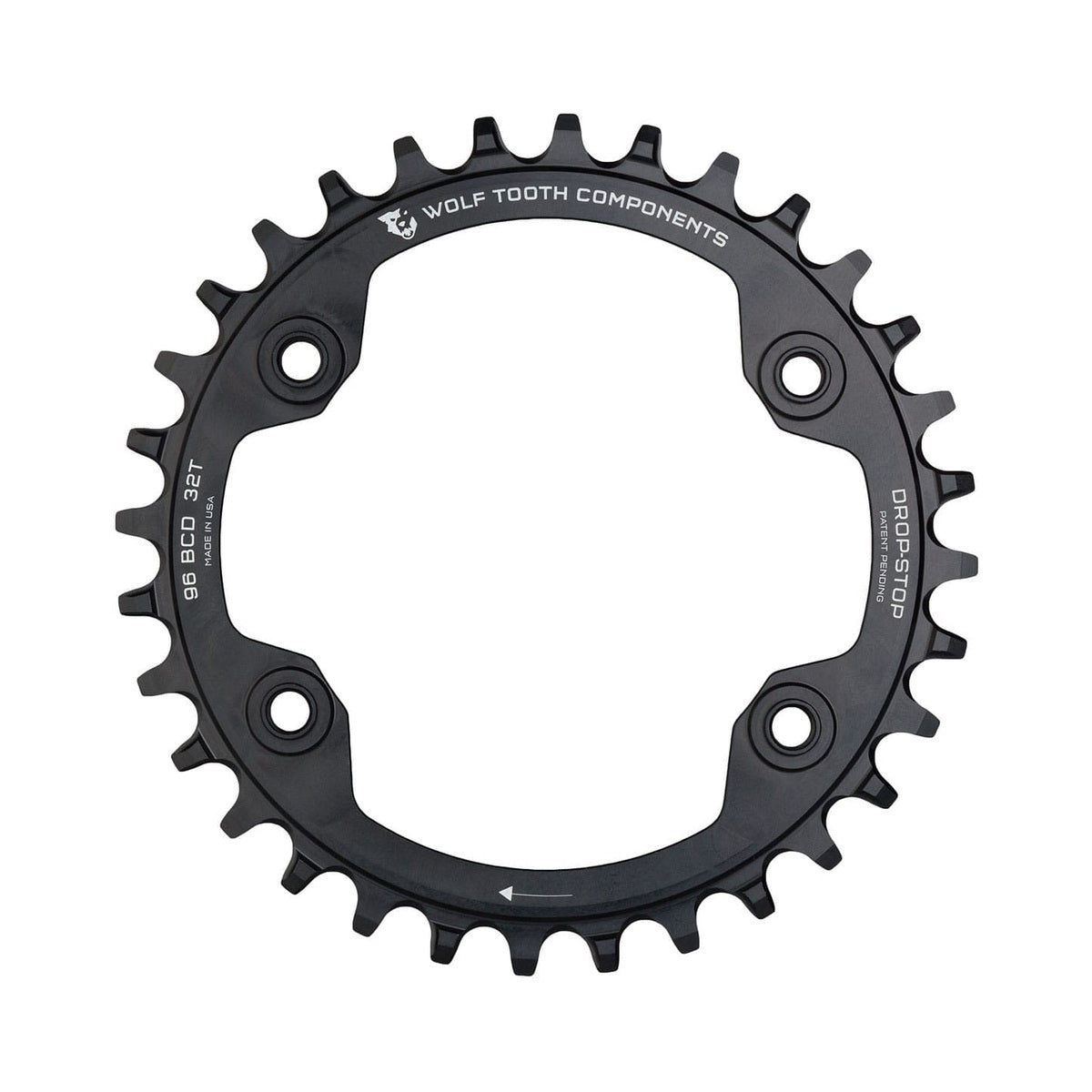 Enkel kettingblad WOLF TOOTH 96 BCD 11 versnellingen Shimano XTR M9000/M9020 4 boutgaten 96 mm zwart — kettingblad op witte achtergrond