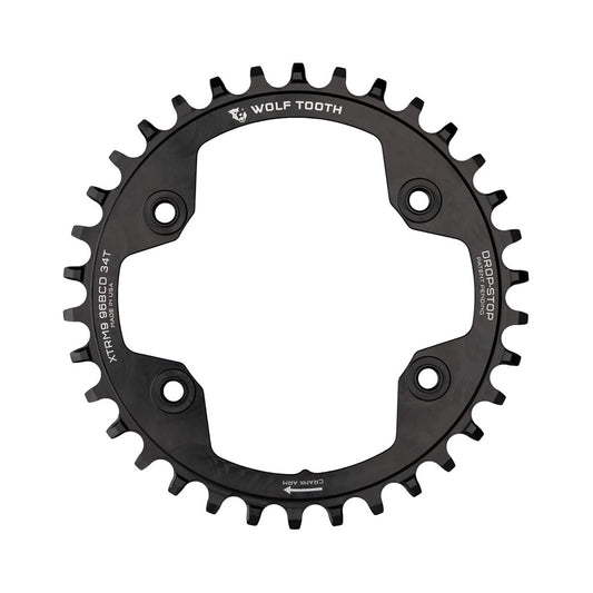 Enkel kettingblad WOLF TOOTH 96 BCD 9/10/11/12 versnellingen Shimano XTR M9000/M9020 4 boutgaten 96 mm zwart — kettingblad op witte achtergrond