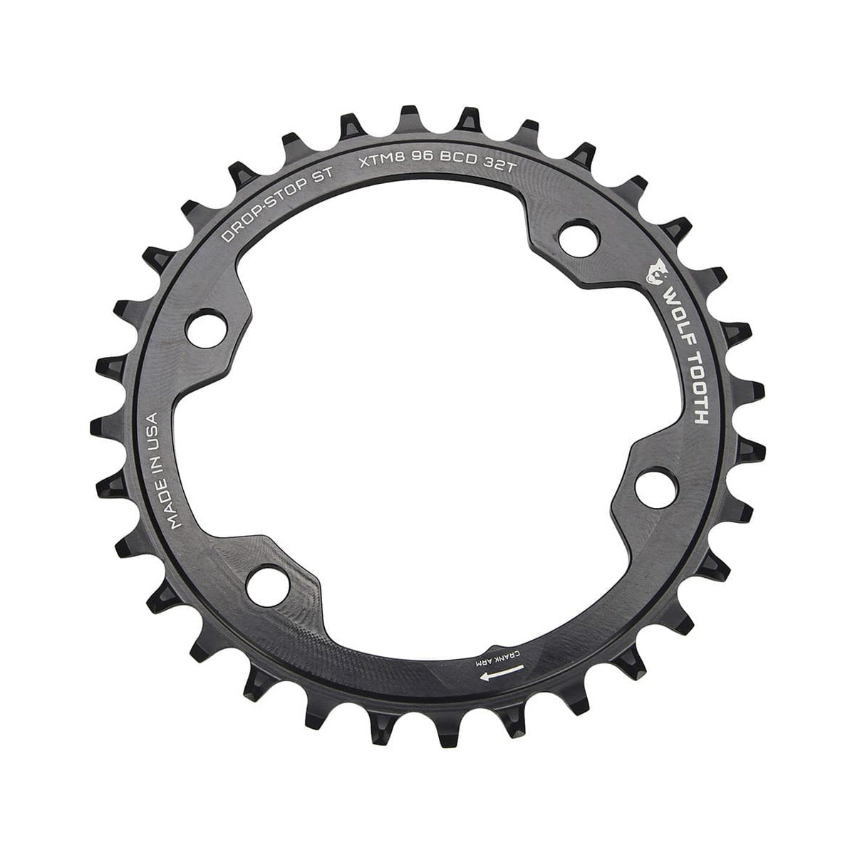 Enkel kettingblad WOLF TOOTH 96 BCD 12 versnellingen Shimano 4 boutgaten 96 mm zwart — kettingblad op witte achtergrond