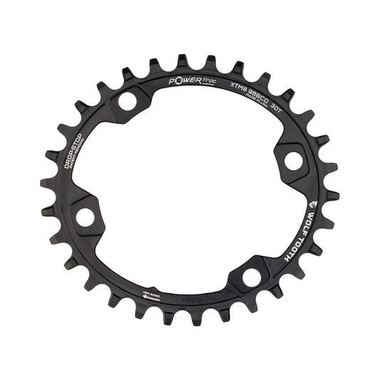 Ovaal enkel kettingblad WOLF TOOTH ELLIPTICAL 96 BCD 11 versnellingen Shimano XT M8000/SLX M7000 4 boutgaten 96 mm zwart — kettingblad op witte achtergrond