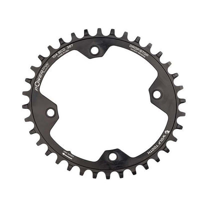 Ovaal enkel kettingblad WOLF TOOTH ELLIPTICAL 104 BCD 12 versnellingen Shimano 4 boutgaten 104 mm zwart — kettingblad op witte achtergrond