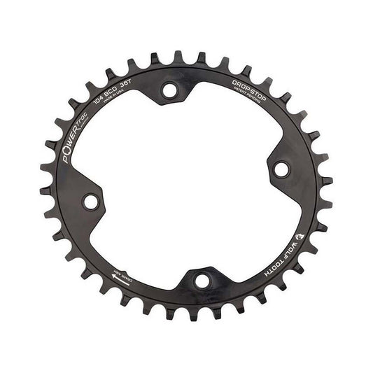 Ovaal enkel kettingblad WOLF TOOTH ELLIPTICAL 104 BCD 12 versnellingen Shimano 4 boutgaten 104 mm zwart — kettingblad op witte achtergrond