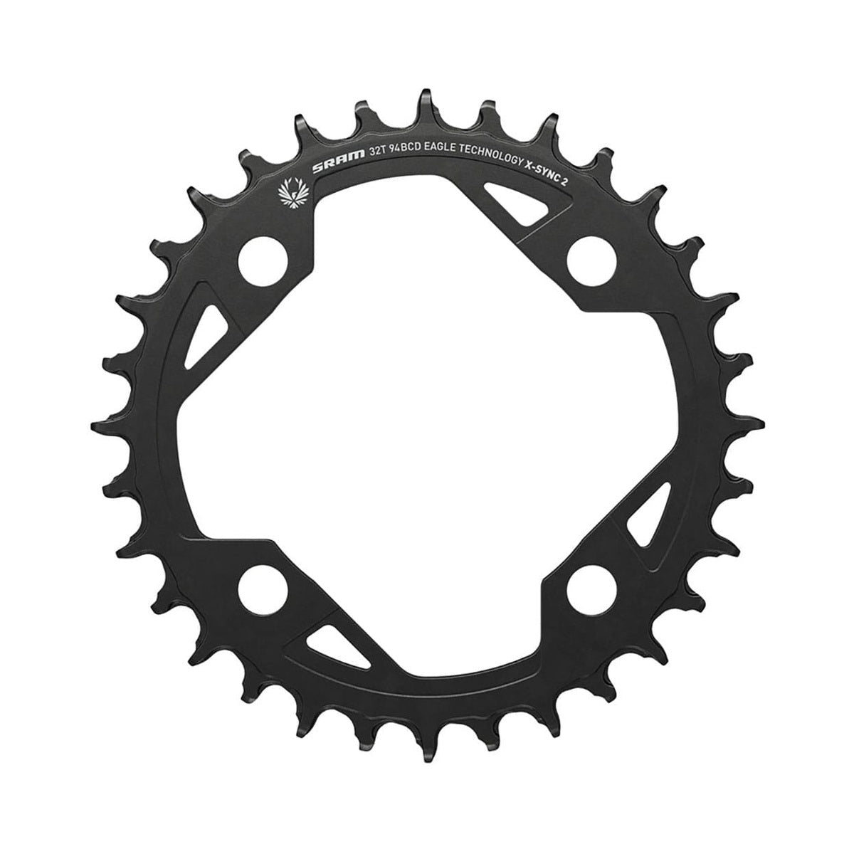 Enkel kettingblad SRAM X-SYNC 2 94BCD EAGLE EMTB 12-speed, 4-gats, 94 mm — aanzicht van het kettingblad tegen een witte achtergrond