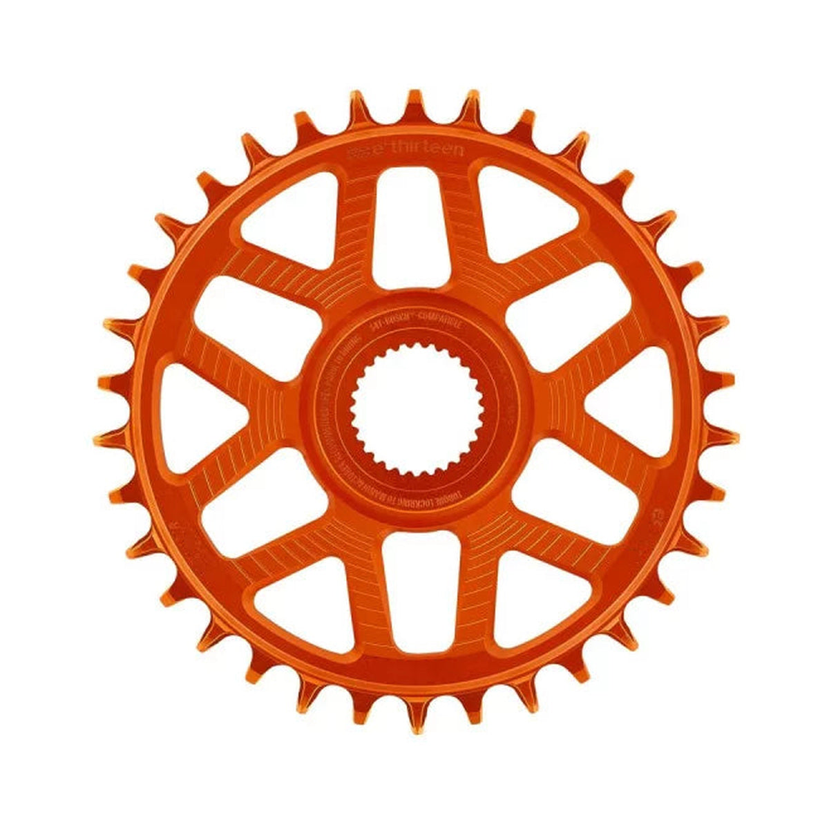 Enkel kettingblad E-THIRTEEN HELIX RACE E-SPEC 11/12-speed Direct Mount Bosch Gen4, offset 13 mm, oranje — kettingblad op witte achtergrond