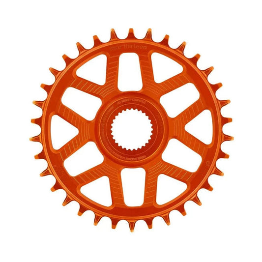 Enkel kettingblad E-THIRTEEN HELIX RACE E-SPEC 11/12-speed Direct Mount Bosch Gen4, offset 13 mm, oranje — kettingblad op witte achtergrond