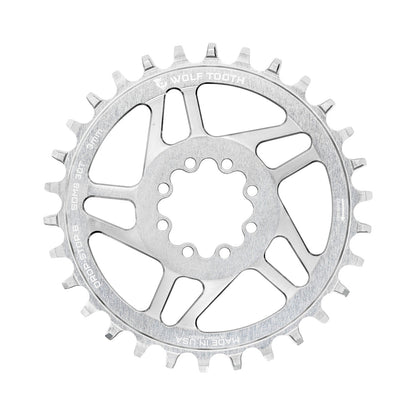 Plateau Mono WOLF TOOTH DROP-STOP B DM 8 Vis Sram Eagle Boost Offset 0mm Raw Silver — vue du plateau sur fond blanc