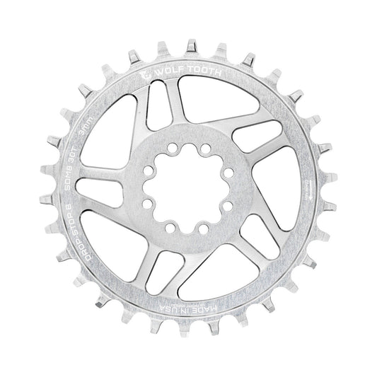 Enkel kettingblad WOLF TOOTH DROP-STOP B DM, 8 bouten, SRAM Eagle Boost, offset 0 mm, ongepolijst zilver — kettingblad op witte achtergrond