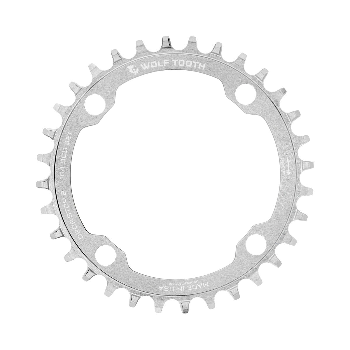 Enkel kettingblad WOLF TOOTH DROP-STOP B 104 mm, ongepolijst zilver — kettingblad op witte achtergrond