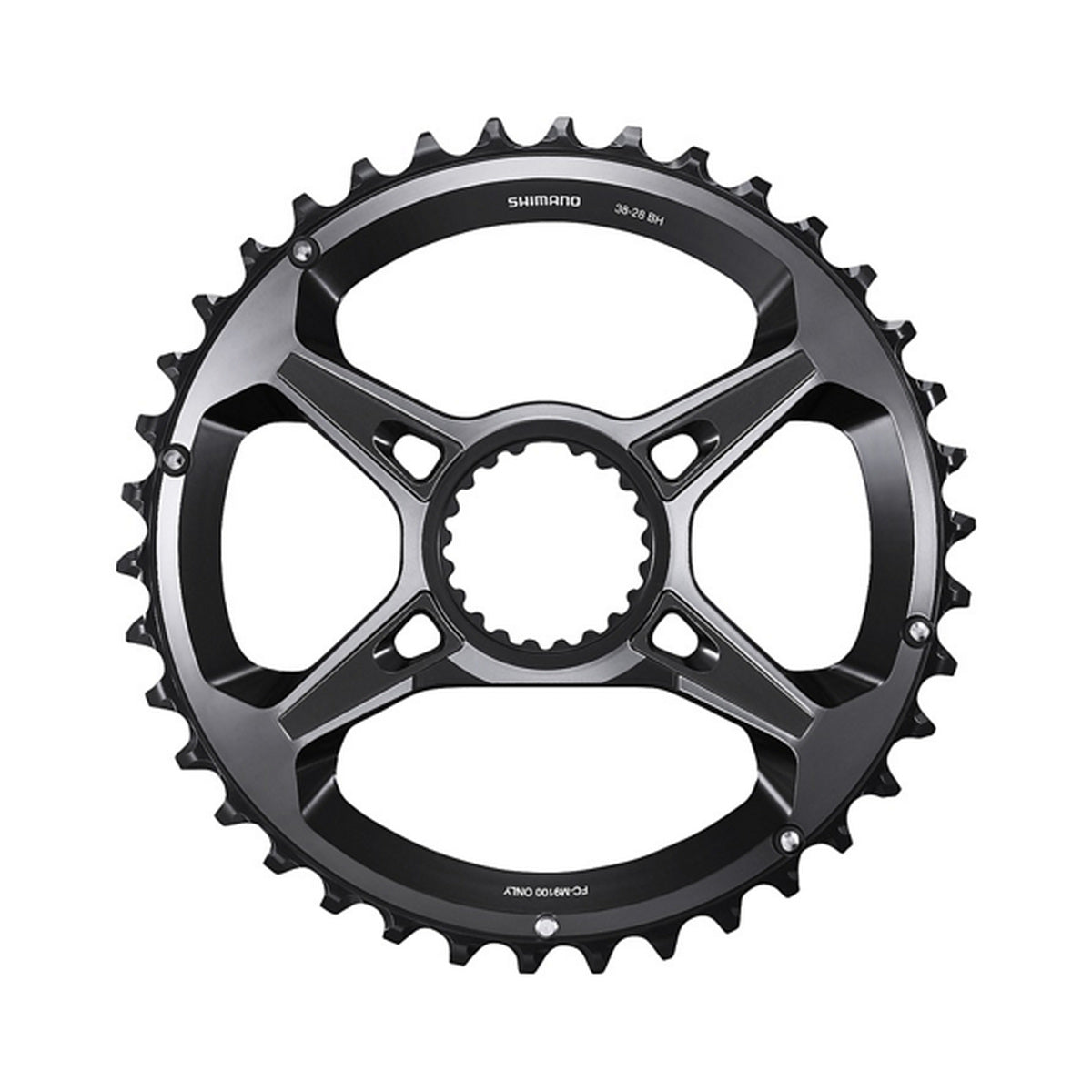Buitenblad SHIMANO XTR voor FC-M9100-2 (28-38 tanden) 12-speed — kettingblad op witte achtergrond