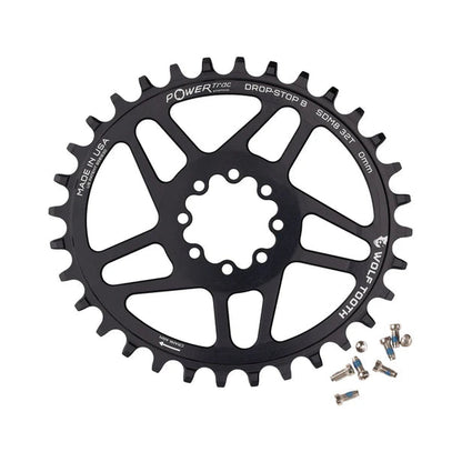 Ovaal enkel kettingblad WOLF TOOTH 12-speed SRAM Direct Mount, 8 bouten, offset 3 mm — kettingblad op witte achtergrond