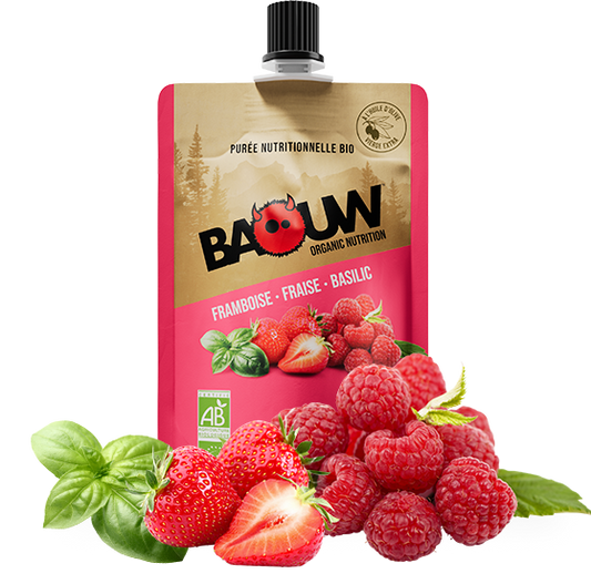 Purée Energétique BAOUW Bio Recette aux Fruits Framboise/Fraise/Basilic (90g)