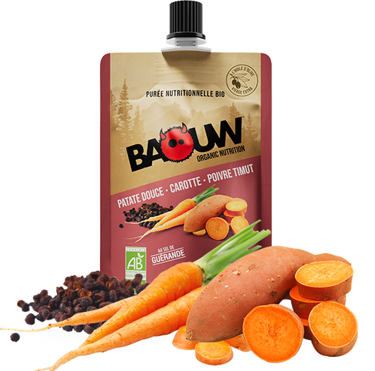 BAOUW Biologische Energiepuree Hartig Recept Zoete Aardappel/Ren/Paprika (90g)