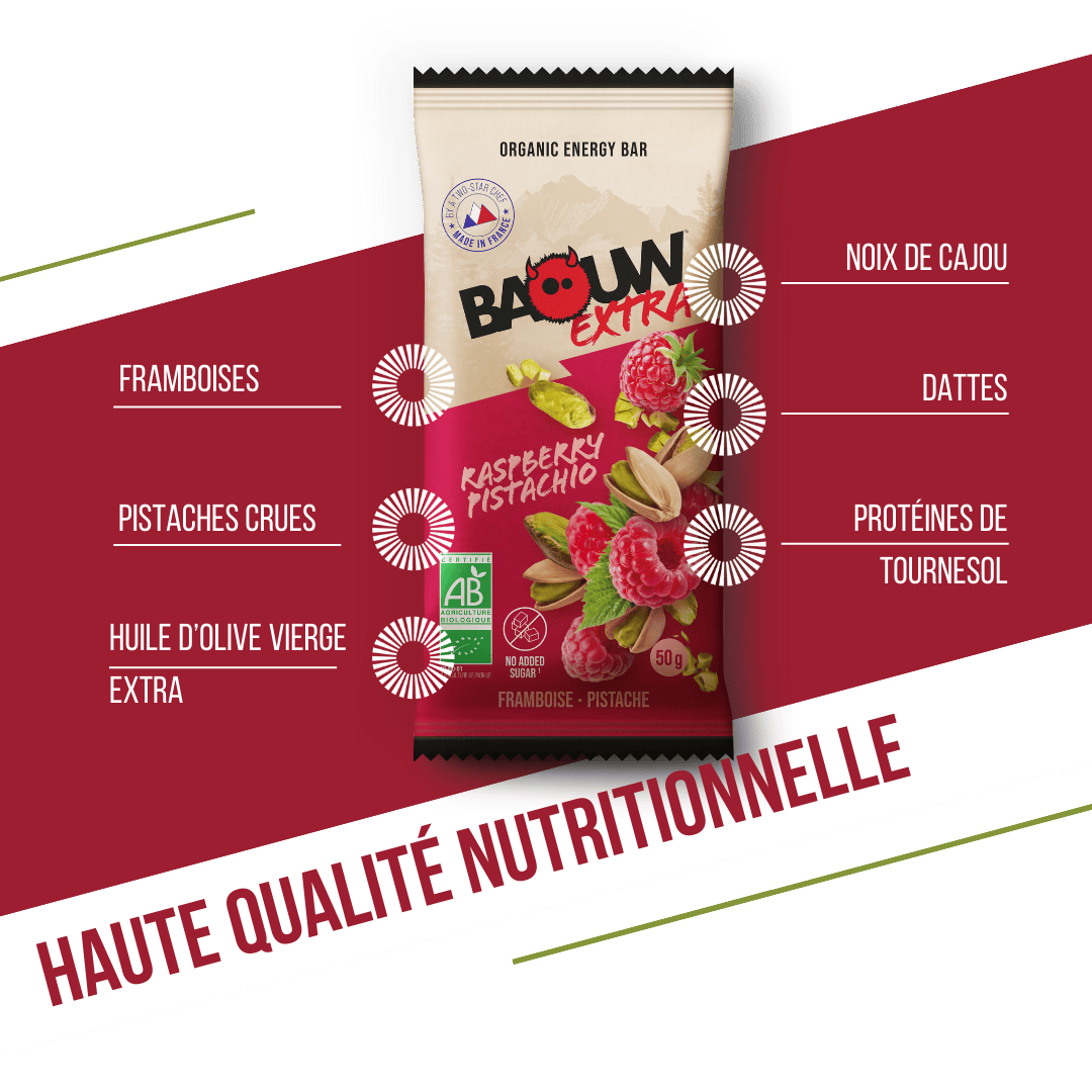 Barre Énergétique BAOUW BIO EXTRA Framboise-Pistache (50g)