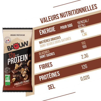 Eiwitreep BAOUW BIO EXTRA Chocolade/Pinda's (50g)