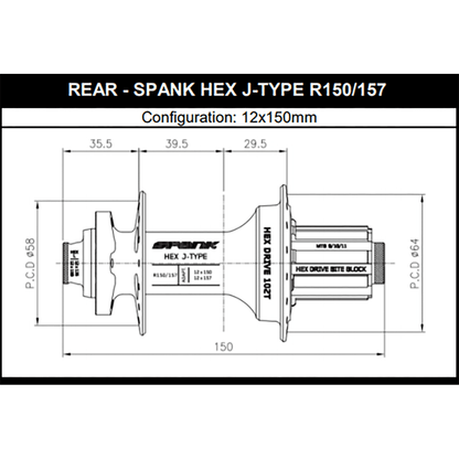 Achterwielnaaf SPANK HEX DRIVE 102T 12x150/157 mm