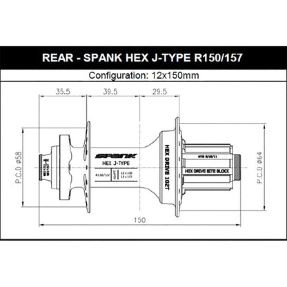 Achterwielnaaf SPANK HEX DRIVE 102T 12x150/157 mm