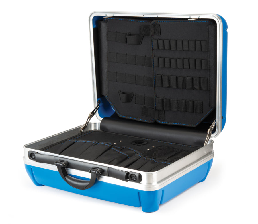 Geopende Park Tool BX-2.2-koffer met gereedschapspanelen